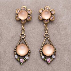 Vintage 1928 Pink Rose & Glass Drop Earrings